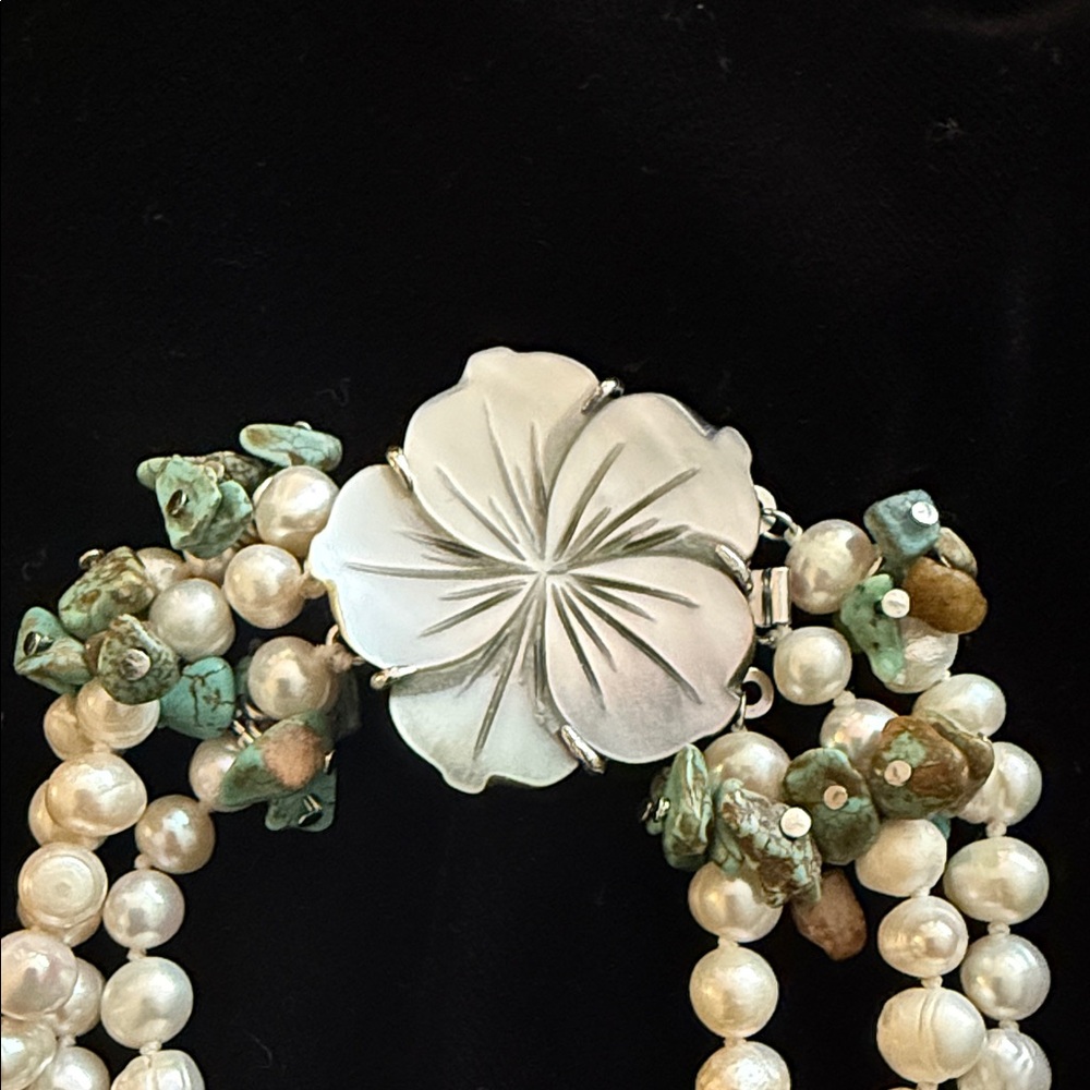Hand Crafted Triple Strand Genuine Freshwater Pearl Turquoise Necklace Classic - Picture 3 of 5